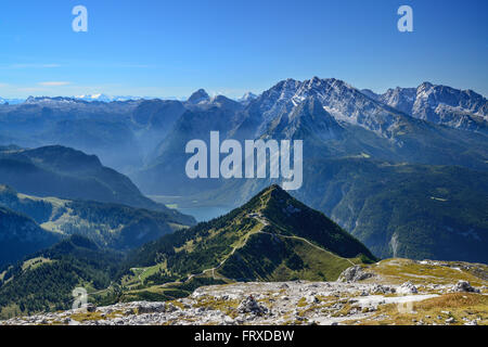 View from Hohes Brett over mountain scenery with lake Koenigssee, Berchtesgaden National Park, Berchtesgaden Alps, Upper Bavaria, Bavaria, Germany Stock Photo