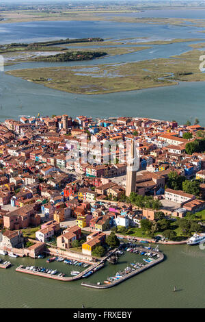 Aerial view of the Venetian Lagoon with salt marshes, Island of Burano, Fishing village with colourful house facades, Veneto, Italy Stock Photo