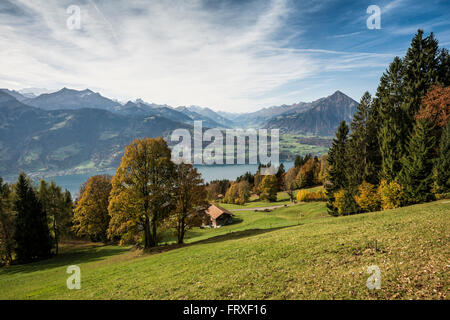 View to Lake Thun and Kander Valley, Beatenberg, Bernese Oberland, Canton of Bern, Switzerland Stock Photo