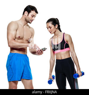 one caucasian couple man and woman exercising fitness exercises isolated on white background Stock Photo