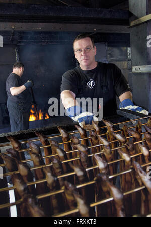 Eels in a smokehouse, Joachim Thurow, oldest smokehouse in Vorpommern, Freest, Mecklenburg-Vorpommern, Germany Stock Photo