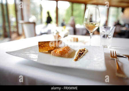 Arctic charr with mashed potatoes on garlic confit served in a gourmet restaurant, Baerenthal, Moselle, Lorraine, France Stock Photo