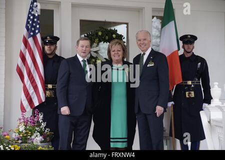 U.S. Vice President Joe Biden welcomes Taoiseach Enda Kenny and his wife Fionnuala for a St. Patrick's Day breakfast at the Naval Observatory Residence March 15, 2016 in Washington, DC. Stock Photo