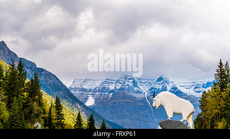 The entrance to Mount Robson Provincial Park. Mount, the highest peak in the Canadian Rockies. The top is covered in the clouds Stock Photo