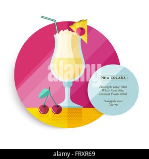 Pina colada cocktail drink recipe for party or summer vacation with ingredients text and colorful flat art fruit illustration. Stock Vector