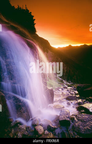 Waterfall at Sunset, Bugaboo Provincial Park, British Columbia, Canada Stock Photo