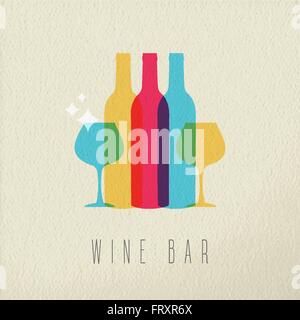 Wine bar concept icon, illustration of elegant drink bottle and glass in colorful transparent style over texture background. Stock Vector