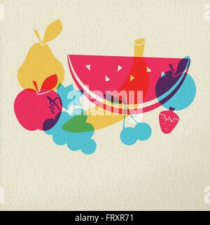 Healthy food nutrition concept, fresh organic fruit silhouette in color style over texture background. EPS10 vector. Stock Vector