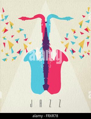 Jazz music concept, saxophone instrument silhouette in color style over texture background. EPS10 vector. Stock Vector