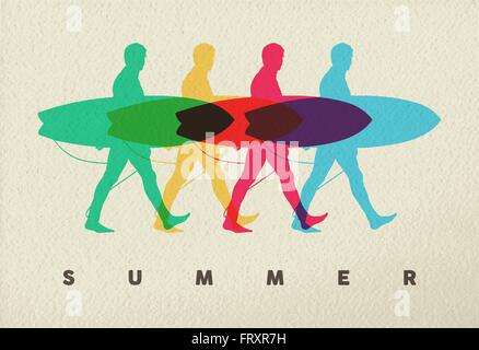 Summer beach concept, silhouette of man walking with surf board in color style over texture background. EPS10 vector. Stock Vector