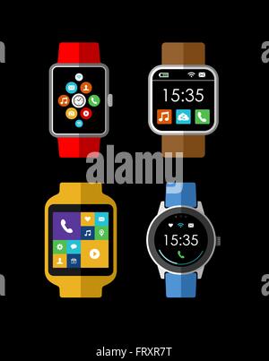 Set of modern smart watch gadget illustrations in colorful flat art style with app icons. EPS10 vector. Stock Vector