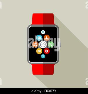 Modern smart watch illustration in flat art style with colorful app circle icons on screen. EPS10 vector. Stock Vector