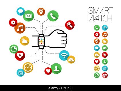 Concept design illustration of human hand wearing smart watch in outline style with colorful flat art app icons. EPS10 vector. Stock Vector