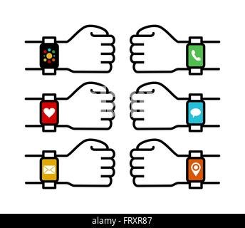 Set of human hands wearing smart watches with colorful social app icons in simple line art style. EPS10 vector. Stock Vector