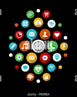 Set of smart watch app icons in flat art style. Includes social designs, internet, gps and mail buttons. EPS10 vector. Stock Vector