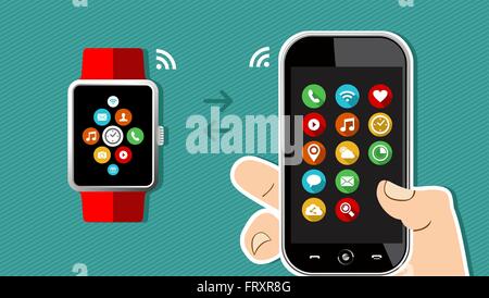 Concept technology illustration of human hand holding mobile phone with smart watch connection and app icons on screen. EPS10 Stock Vector