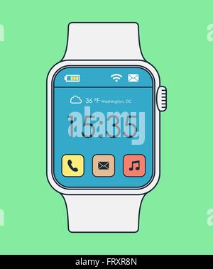 Smart watch illustration in modern line art style with colorful app icons and time display. EPS10 vector. Stock Vector