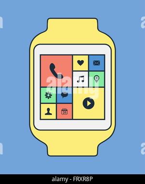 Smart watch illustration in modern line art style with colorful social app icons and isolated background. EPS10 vector. Stock Vector