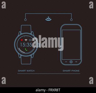 Concept outline illustration of internet connected smart watch and mobile phone with social app icons on screen. EPS10 vector. Stock Vector