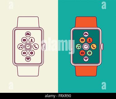 Modern smart watch illustrations, flat line art style composition with colorful social app icons and outline design. Stock Vector