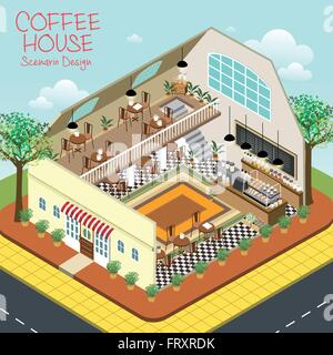 lovely coffee house scenario design in 3d isometric flat style Stock Vector