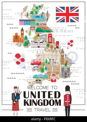 lovely United Kingdom travel map with attractions Stock Vector