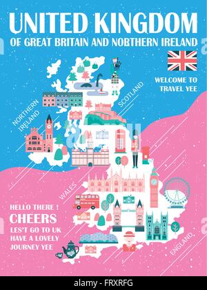 lovely United Kingdom travel map with attractions Stock Vector