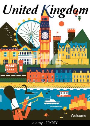 eye-catching United Kingdom travel poster design in flat style Stock Vector