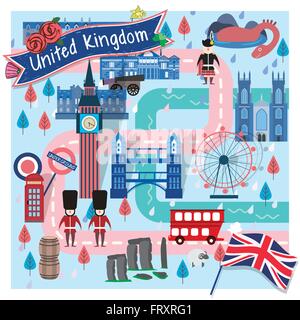 lovely United Kingdom travel map with attractions Stock Vector