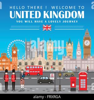 eye-catching United Kingdom travel poster design in flat style Stock Vector