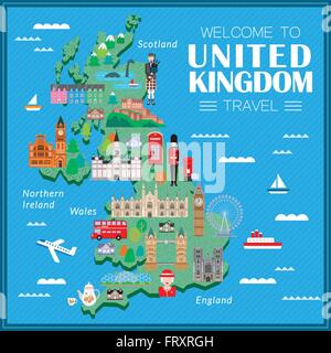 lovely United Kingdom travel map with attractions Stock Vector