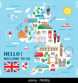 lovely United Kingdom travel map with attractions Stock Vector