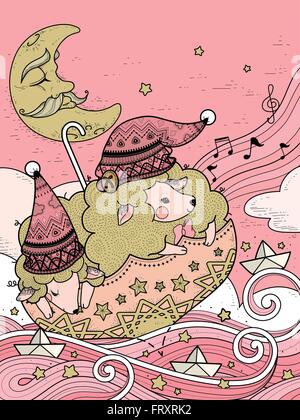 magic sheep float upon starry night - adult coloring page Stock Vector