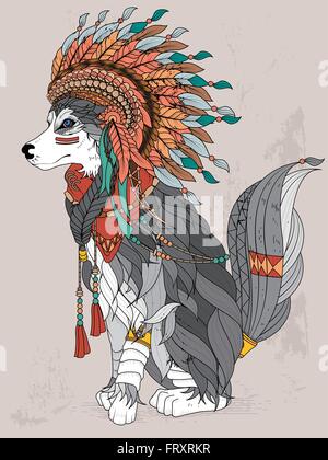 lovely Indian style wolf - adult coloring page Stock Vector