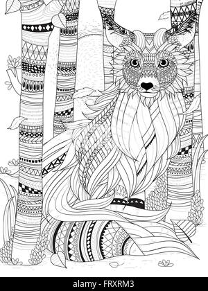 fluffy fox in the forest - adult coloring page Stock Vector