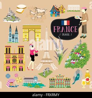 Romantic France travel impression symbols collection set Stock Vector