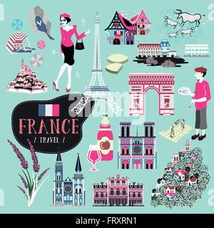 Romantic France travel impression symbols collection set Stock Vector
