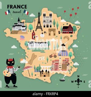 adorable France travel map design with cats and famous attractions Stock Vector