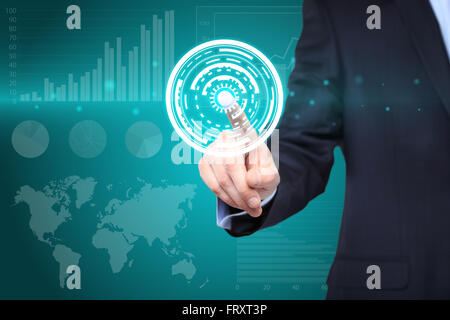 technology and internet concept - businessman pressing button with mechanism icon on virtual screens Stock Photo