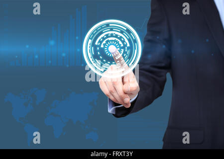 technology and internet concept - businessman pressing button with mechanism icon on virtual screens Stock Photo