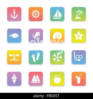 [EPS10] gradient colored flat beach and summer icon set on rounded rectangle for web, UI, infographic and mobile apps Stock Vector