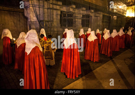 Santander, Spain. 23rd March, 2016.  Nazarenes of the Brotherhood of the Holy funeral parade through the streets of Santander during the night of Holy Wednesday  Credit:  JOAQUIN GOMEZ SASTRE/Alamy Live News Stock Photo