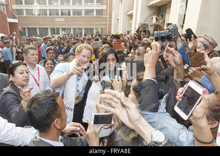 Kathmandu, Nepal. 23rd Mar, 2016. 23 March 2016 - Kathmandu, Nepal - Prince Harry meets young burns victims at Kanti Children's Hospital in Kathmandu, Nepal on the final day of his tour of the country. Established in 1963 the hospital has a capacity of 320 beds and treats children up to the age of 14. Many of it's patients have been injured whilst living in the hazardous environments of the camps following the earthquake. Photo Credit: ALPR/AdMedia © Alpr/AdMedia/ZUMA Wire/Alamy Live News Stock Photo