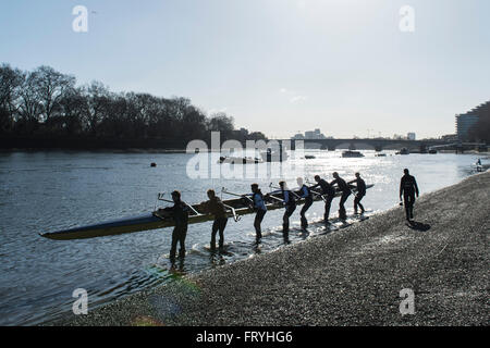 River Thames, London, UK. 25th March, 2016.  The Boat Race. The Cancer Research UK Boat Races 2016.  Held on the Tideway, River Thames between Putney and Mortlake, London, England, UK.  Tideway Week. (Practice Outings during the week preceding the Races which take place on Easter Sunday 27 March 2016.)  Oxford University (OUBC) Reserve crew Isis boats prior to a Practice Outing.   Credit:  Duncan Grove/Alamy Live News Stock Photo