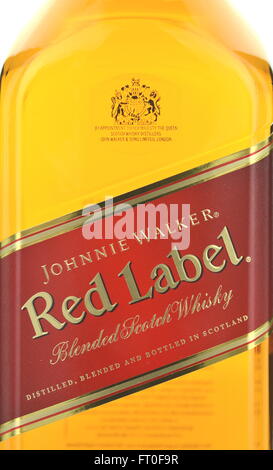 Johnnie Walker Red Label blended whisky isolated on white background. Stock Photo