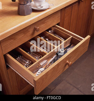 Close-up of a cutlery door in a fitted kitchen cupboard Stock Photo