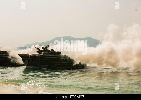 Service members from the Royal Thai, Republic of Korea, and U.S. Armed Forces participate in an amphibious capabilities demonstration at Hat Yao, Rayong, Thailand, during exercise Cobra Gold, Feb. 12, 2016. Cobra Gold is a multinational training exercise developed to strengthen security and interoperability between the Kingdom of Thailand, the U.S. and other participating nations. (U.S. Marine Corps Combat Camera Cpl. Wesley Timm/Released) Stock Photo