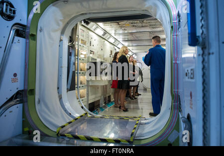 Dr. Jill Biden, wife of Vice President Joe Biden, left, is seen inside a mockup of the International Space Station, Wednesday, March 2, 2016  during a tour of the Space Vehicle Mockup Facility at NASA's Johnson Space Center in Houston, Texas.  Dr. Biden traveled to Houston to welcome home astronaut Scott Kelly, who is returning to Houston after a year long mission aboard the International Space Station. Stock Photo