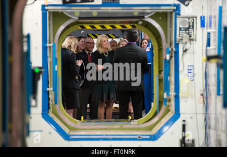 NASA Administrator Charles Bolden, left, and Dr. Jill Biden, wife of Vice President Joe Biden, right, are seen inside a mockup of the International Space Station, Wednesday, March 2, 2016 during a tour of the Space Vehicle Mockup Facility at NASA's Johnson Space Center in Houston, Texas.  Dr. Biden traveled to Houston to welcome home astronaut Scott Kelly, who is returning to Houston after a year long mission aboard the International Space Station.