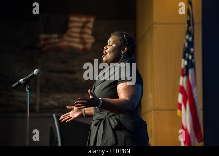 Renee Barnes, soloist, performs at NASA's Black History Month program on Wednesday, February 24, 2016 at NASA Headquarters in Washington, DC. During the program, Dr. George Carruthers and Dr. Katherine Johnson were honored for their contributions to NASA. Stock Photo